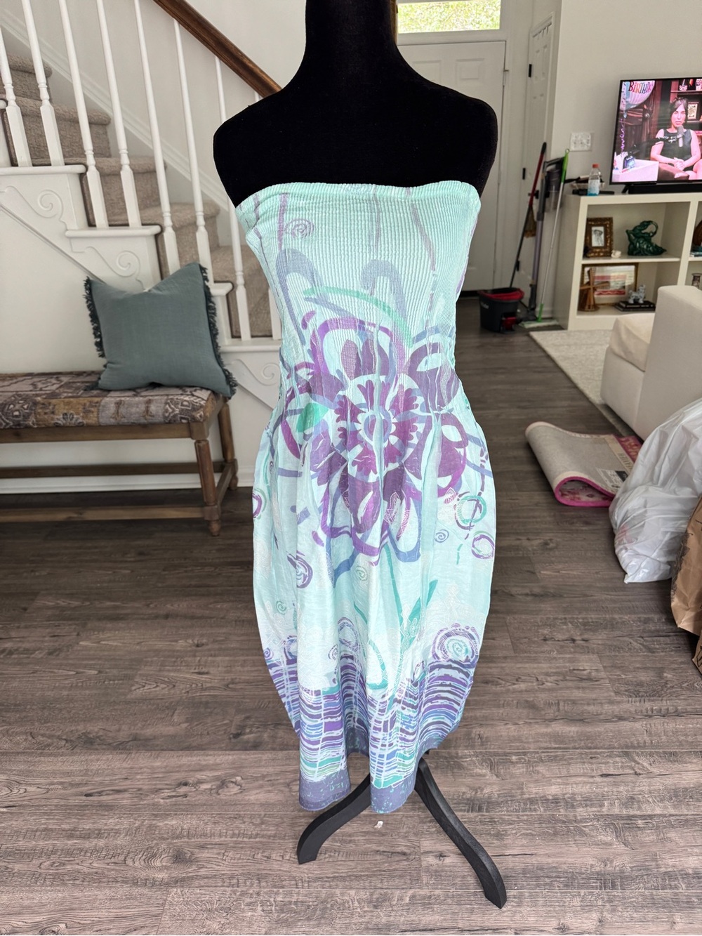 Lapis Mint and Lavender Strapless Floral Sundress Y2K